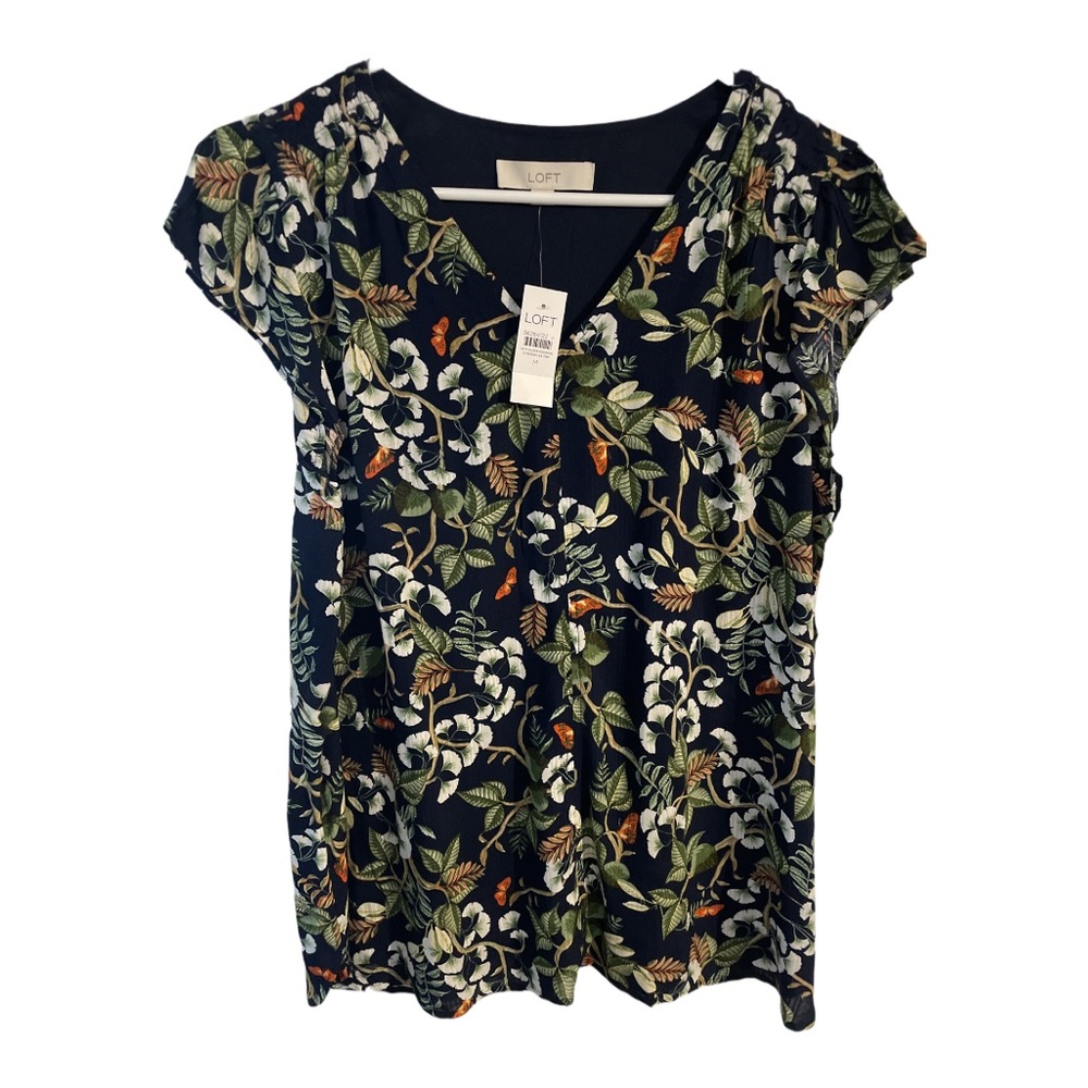 LOFT Black and Green Floral V-Neck Blouse with Short Sleeves